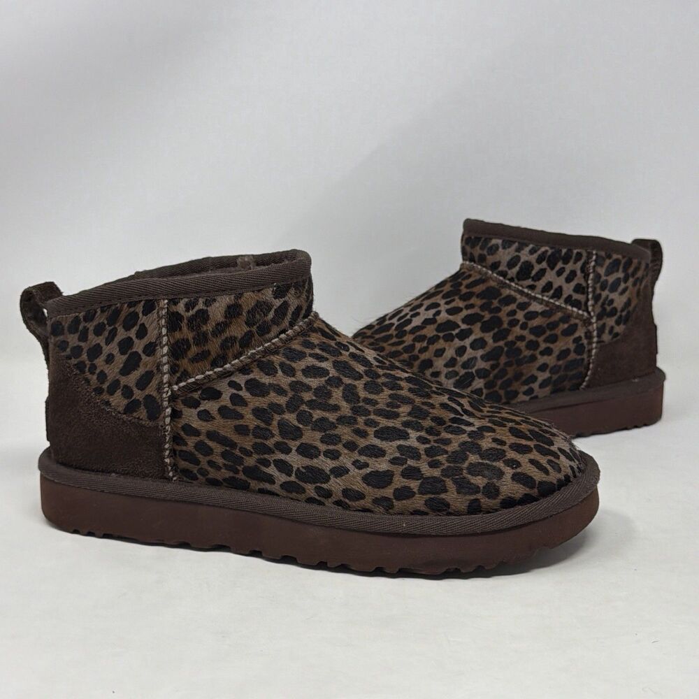 UGG Classic Ultra Mini Leopard Print Calf Hair Boots Womens Size 6 Brown